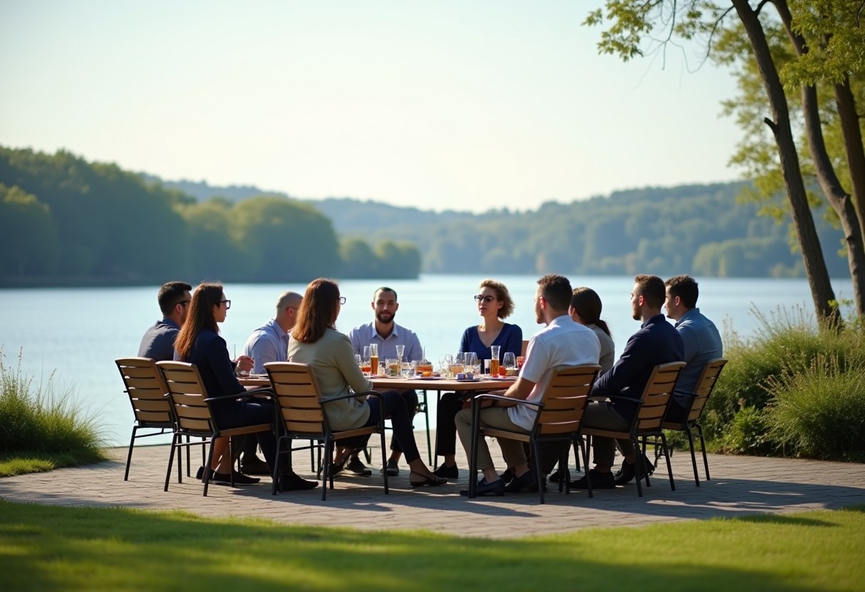 Business colleagues meeting outdoors by a scenic lake in Sri Lanka