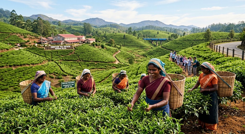 Tea pluckers in the hill country tea plantations of Sri Lanka