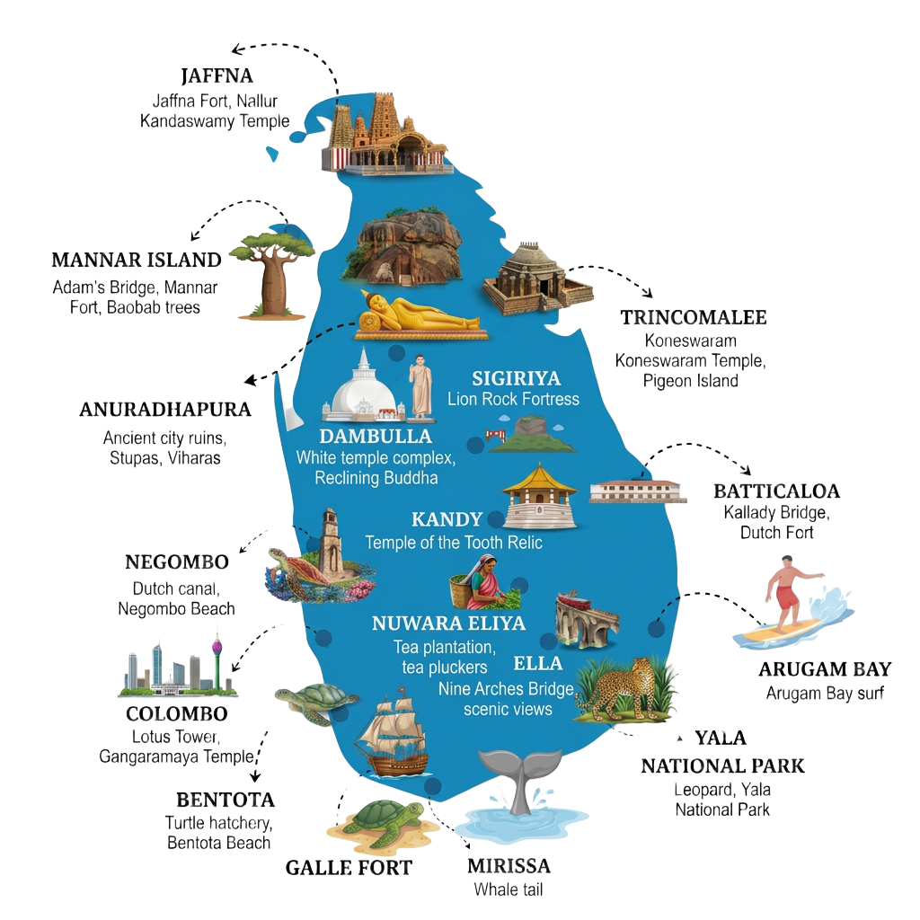 Illustrated map of Sri Lanka showing highlights from Jaffna to Galle