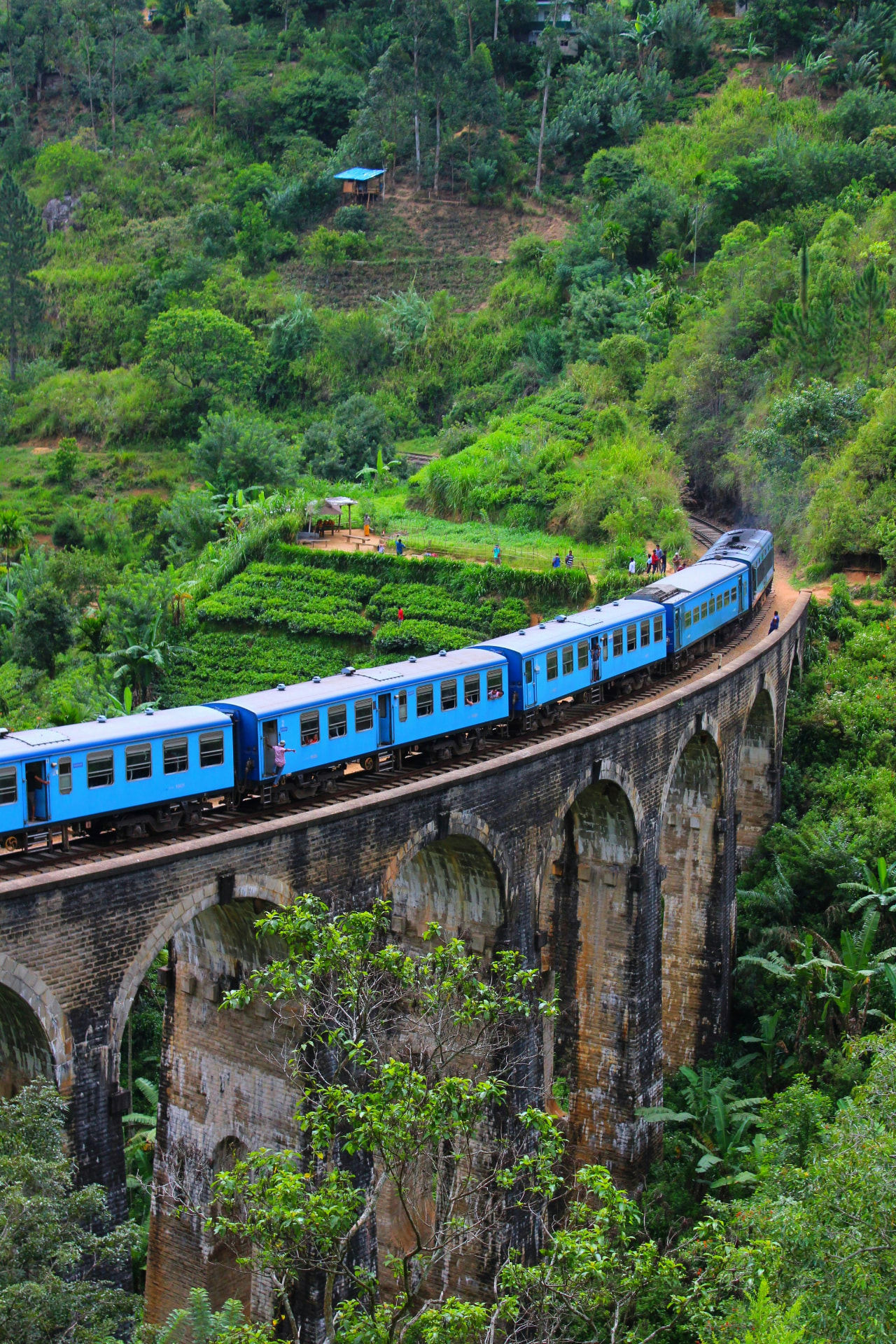 Blue train crossing the Nine Arch Bridge in Ella